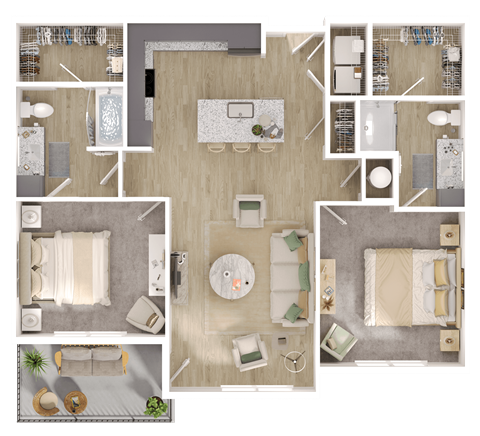 Floor plan for 2 beds, 2 baths, 1170 sqft